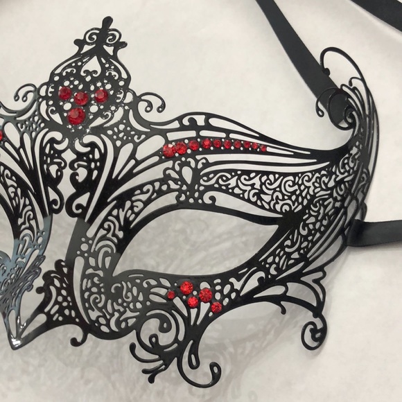 Black Metal Masquerade Mask with Red Rhinestones Handmade - Picture 5 of 17